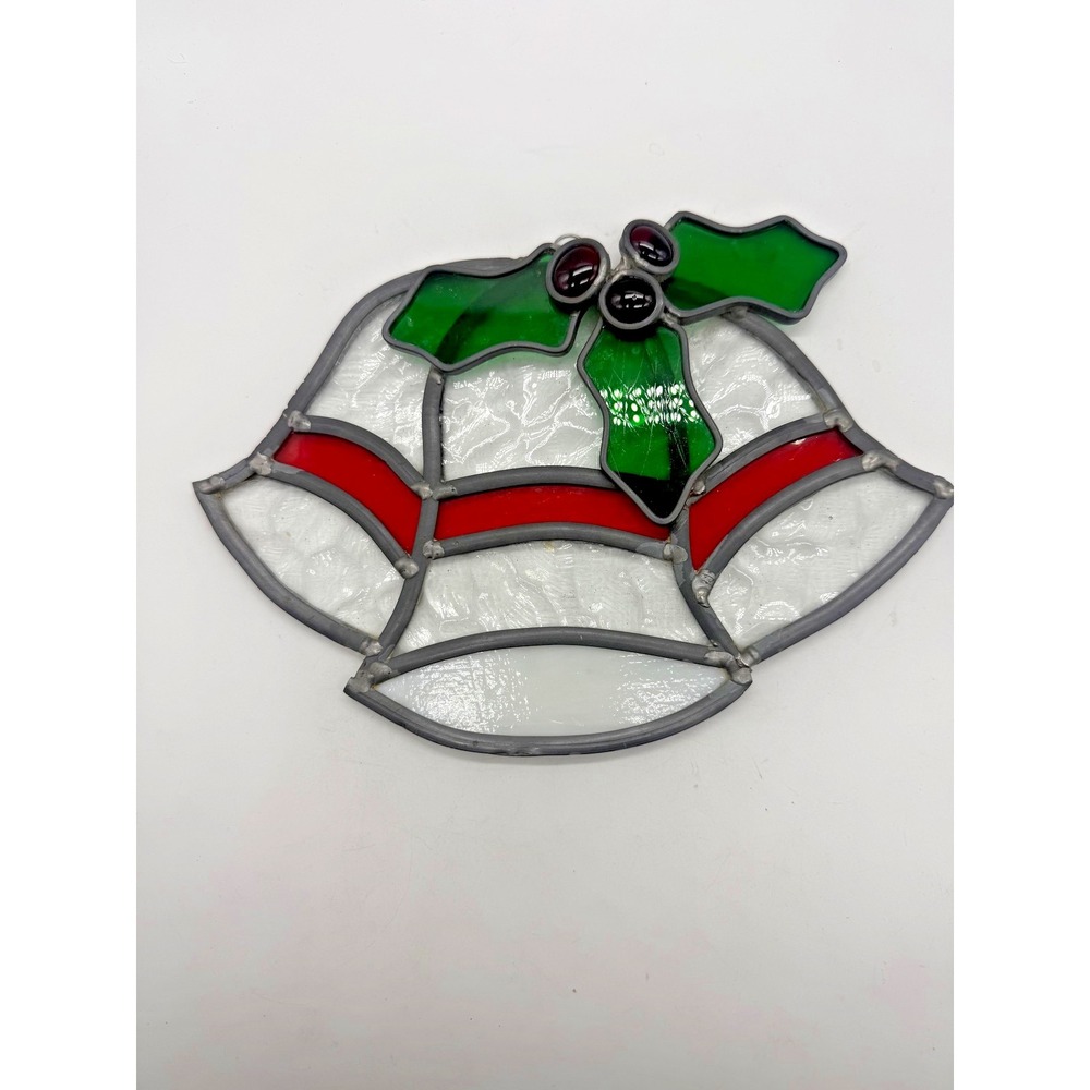 Stained Glass Christmas Bell Suncatcher Holly Berries Red Green‎ Decor Window